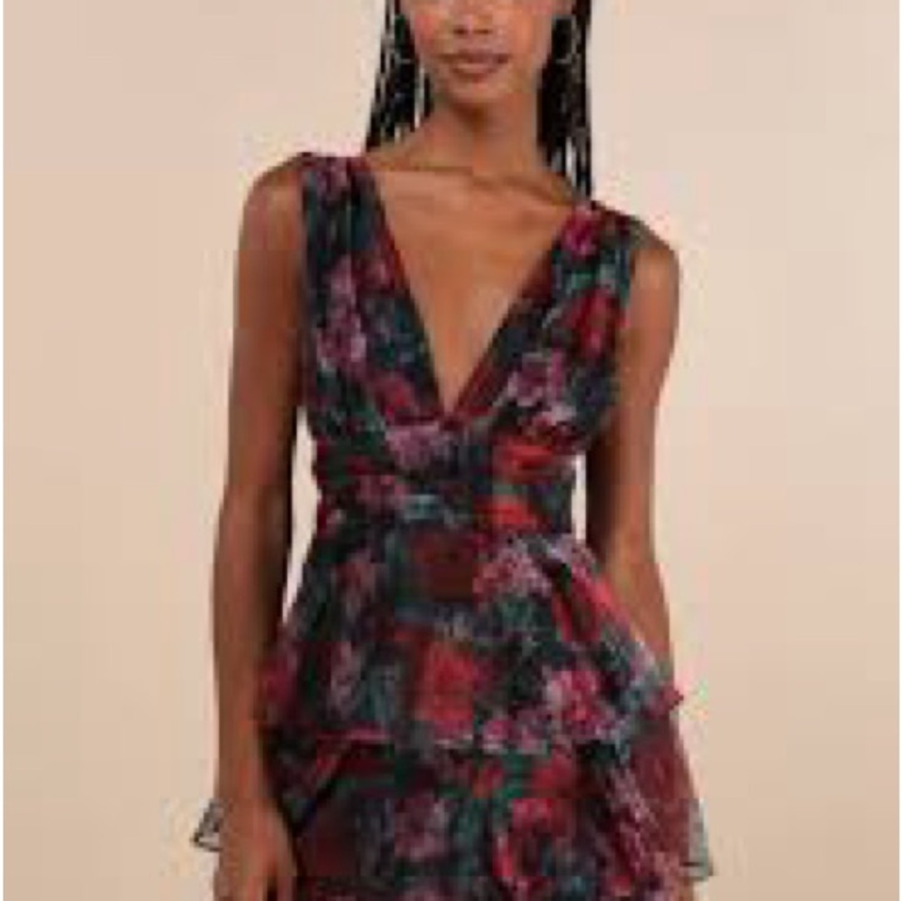 Lulus Burgundy Floral Ruffle Mini Dress | Open Back Bow | NWT